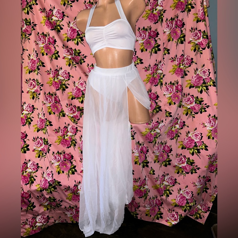 White sheer skirt crop top outfit set wedding gown festival NWT T2 sexy rave - Picture 2 of 11